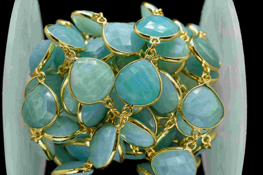 Natural Amazonite 12mm Heart Shape Bezel Chain,Gemstone Bezel Link Chain,Pendant Connector Jewelry,Amazonite Faceted Heart Shape Bezel Chain