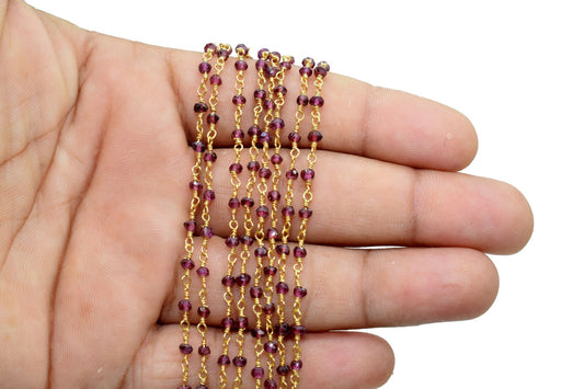 Garnet 2mm Beaded Chain,Garnet Rosary Chains,Garnet Gold Plating Wire Wrap Chain,Garnet Brass chain,Jewelry Making Chain,Garnet Rosary chain