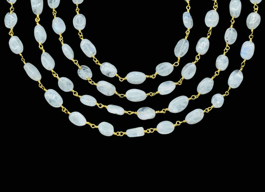 Moonstone Smooth Oval Beaded Link Chain,Rainbow Gemstone Chains By the Foot for Rosary Necklace Jewelry,Rainbow Moonstone Gold Rosary Chain