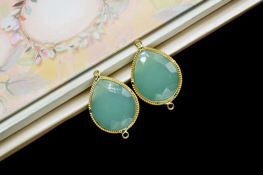 Aqua Chalcedony 18x23mm Pear Shape Gold Plating Bezel,Aqua Chalcedony Faceted Bezels Charms,Aqua chalcedony Double Bail Charms Jewelry,Gift