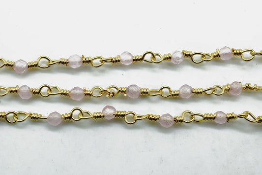 Rose Quartz 2mm Beaded Chain,Rose Quartz Rosary,Gold Plated Wire Wrap Chain,Brasschain,Jewelry Making Chain,Rosary,Rose Quartz vermeil chain