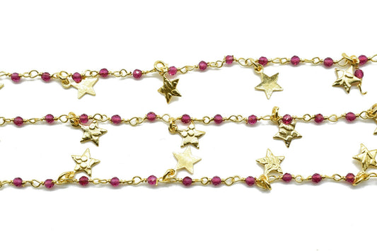 Garnet 2mm Beaded & Star Charm Chain,Garnet Rosary Chains,Garnet Gold Plating Wire Wrap Chain,Garnet Brass chain,Garnet Jewelry Making Chain