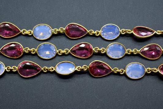 Pink Tourmaline & Opalite Bezel Connector Chain,Gold Plated Gemstone Chain, Bracelet Chain, Oval Connectors,Pink Tourmaline Connector Chain