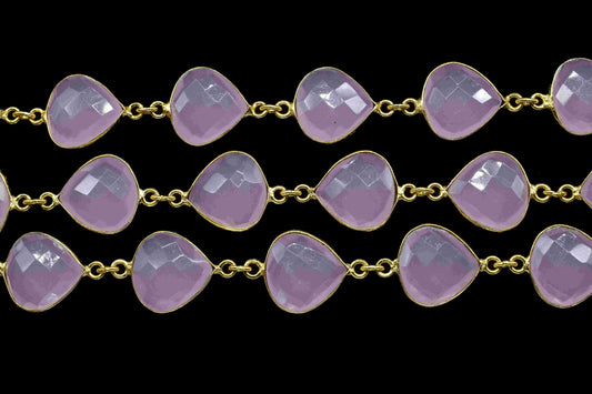 Rose Quartz Gold Plated Bezels Chain, 12mm Heart Shape Bezels Chain, Rose Quartz Briolette Faceted Connectors Chain, Gemstone Bezels Jewelry