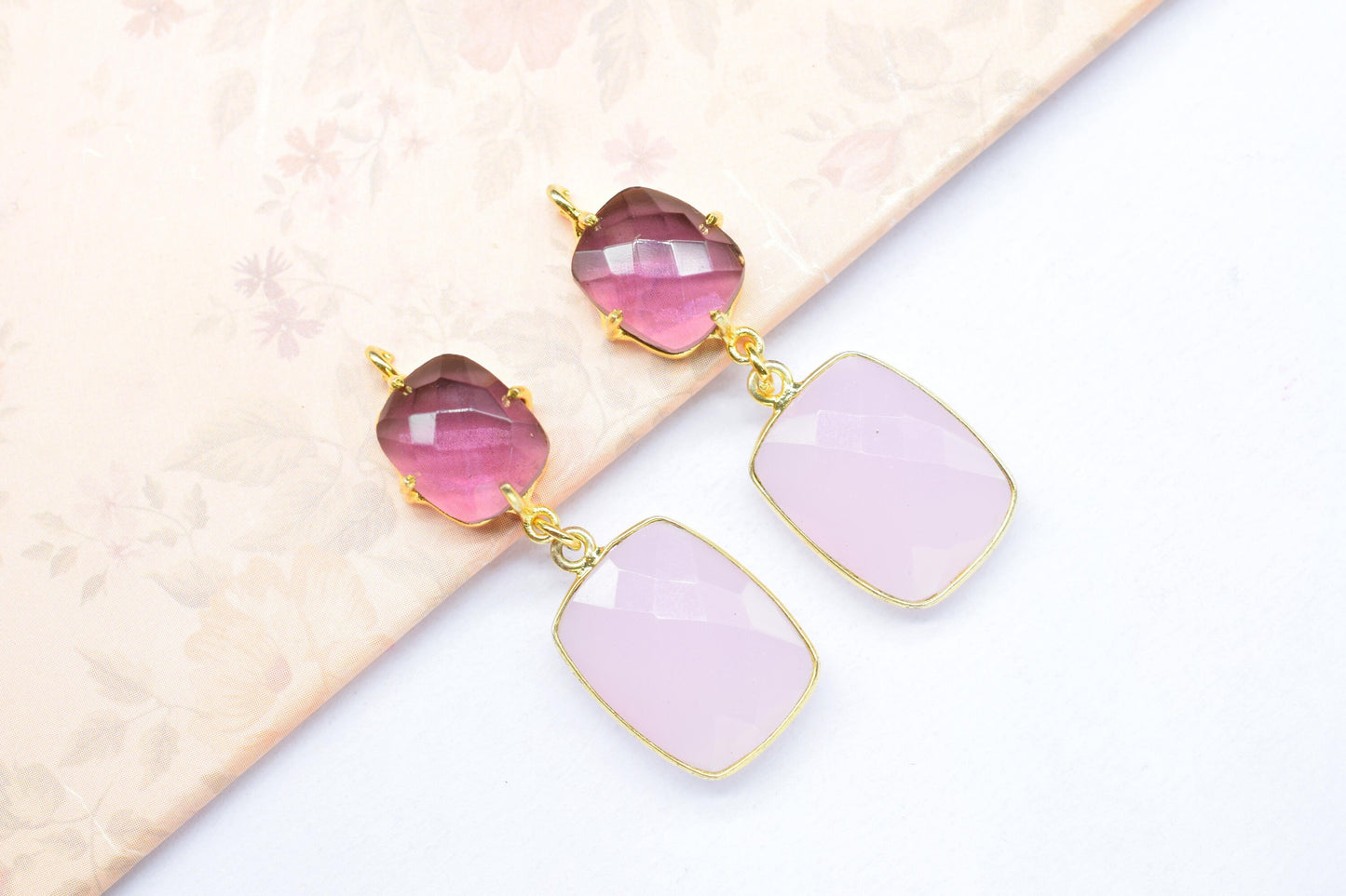 Amethyst Prong Setting Bezel Charm/Handmade jewelry/Rose Quartz Connector/Earring Connector/Multi Stone Pendant/Station Bezel Link/Gift