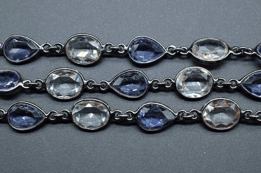 Crystal & Iolite Bezel link Chain I Handmade Bezel Link Chain, black rhodium Bezel Chain,Brass Chaina,Gemstone Connector Chain Per Foot