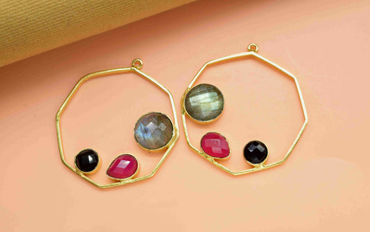 Multi Stone Pendant,Labradorite Gemstone Round Shape Pendant,Pink Chalcedony Pendant,Finding Hexagon Connectors,Black Onyx Pendants Jewelry