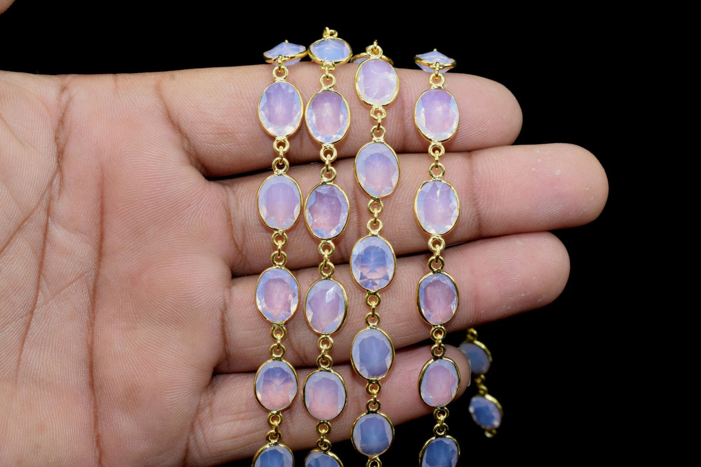 Pink Opalite Gold Plated Bezel Chain Gemstone Connector, Oval Necklace Chain,Bezel Connector Chain,Selling Per Foot,Jewelry making chains