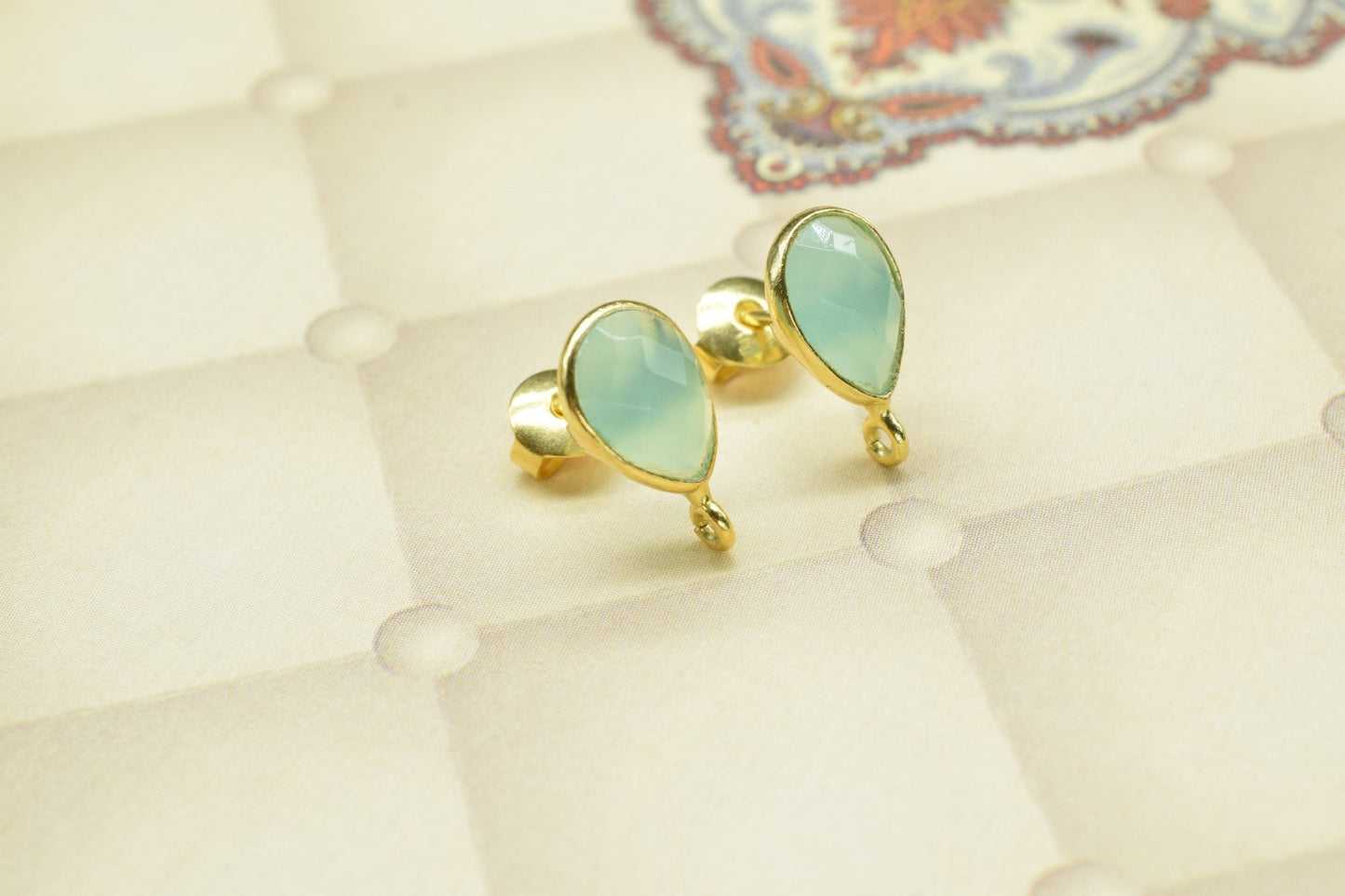 Aqua chalcedony7x10mm Teardrop shape Earring connector Stud post setting with loop open bail, Aqua chalcedony Gold Plated Earring With Loop