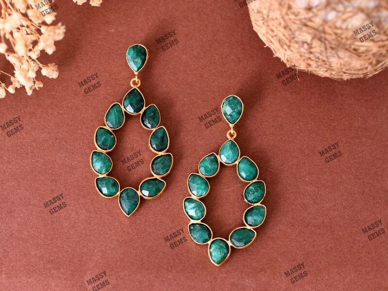 Natural Emerald Earring/Bridal Earring/Gold Plated Emerald Jewelry /Bridesmaid Earrings/Statement Earrings/May Brithstone/Anniversary Gifts