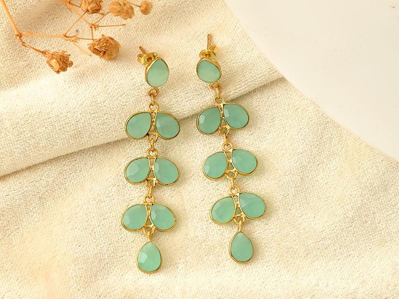 Aqua Chalcedony Chandelier Gemstone Earrings,Aqua Chalcedony Stud Earrings,Aqua Chalcedony Gold Stud Drop Earring,March Birthstone Jewellery