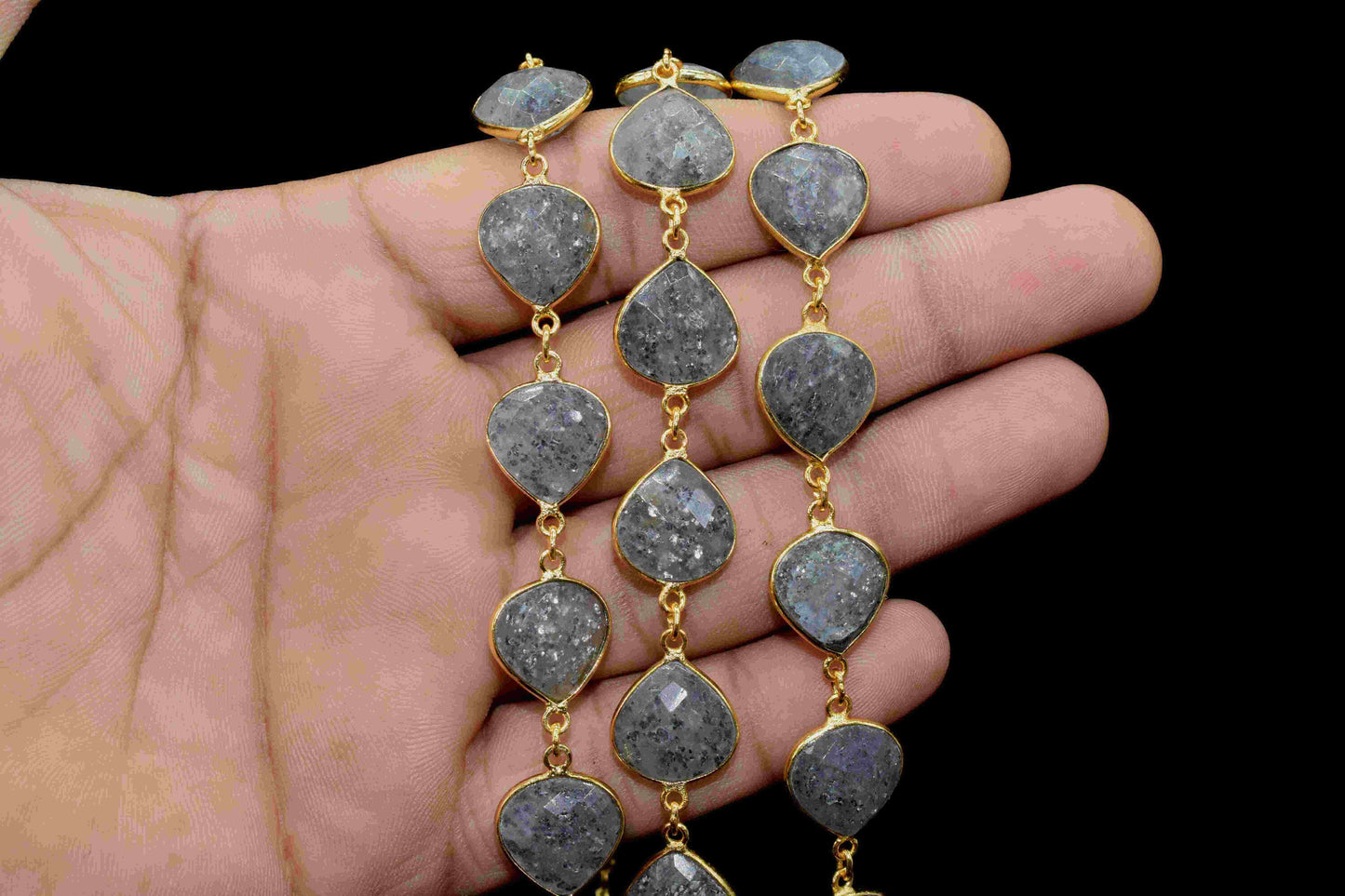 Black Sunstone Heart Shape Connector Chain, 12mm Heart Shape Sunstone Bezel Connector Chain, Black Sunstone Faceted Gemstone, Gemstone Chain