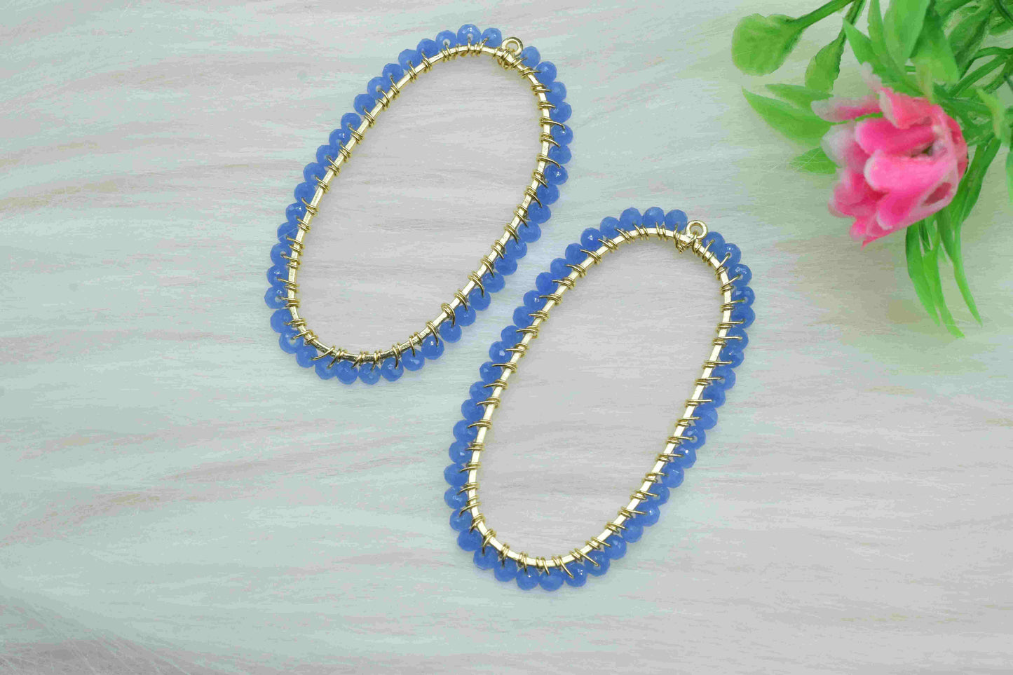 Blue Chalcedony Wire Wrapped Connector, Oval Pendant Component, Handmade Earring, Beaded Hoops Earring,Finding Component,Blue Quartz Jewelry