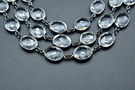 Crystal Bezel link Chain I Handmade Bezel Link Chain,Clear Quartz black rhodium Bezel Chain IBrass Chain,Gemstone Connector Chain Per Foot