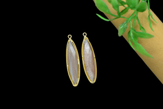 Peach Moonstone Charms 7x34mm Marquise Shape Connector,Peach Moonstone Pendants,Peach Gemstone Gold Plating Single Bail Jewelry Connector