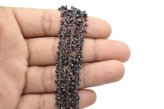 Garnet 2mm cluster chain,Garnet Dangling Chain,Garnet cluster Chain with Black rhodium, Wire,Brass cluster beaded chain,Garnet vermeil chain