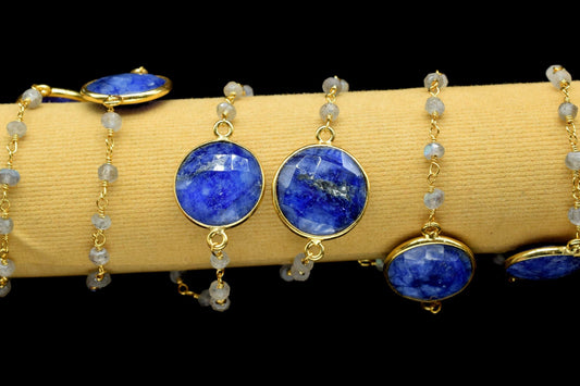 labradorite Beaded rosary chain ,sapphire connector Chain,Sold By Foot,labradorite wire wrapped chain,sapphire rosary,gemstone,dual stone,