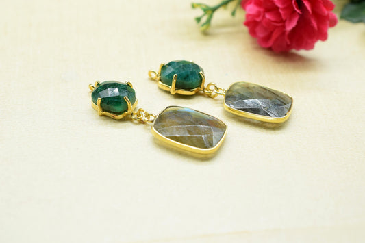 Natural Emerald Prong Setting Bezel Charm/Handmade Pendant/Labradorite Connector/Earring Connector/Multi Stone Pendant/Station Bezel Link