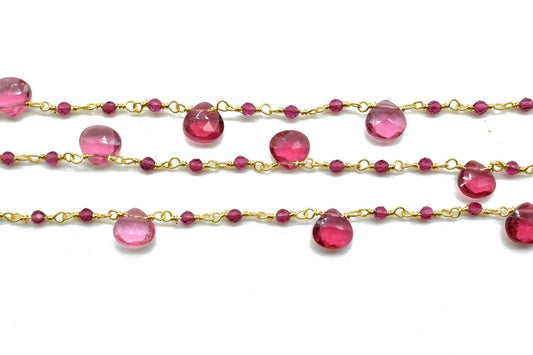 Pink Tourmaline 2mm Beaded & Heart shape Chain,Beaded Wire Wrapped Fuchsia Diamond Cut Gemstone Beads,Faceted Rosary Chain,Gems Rosary Style