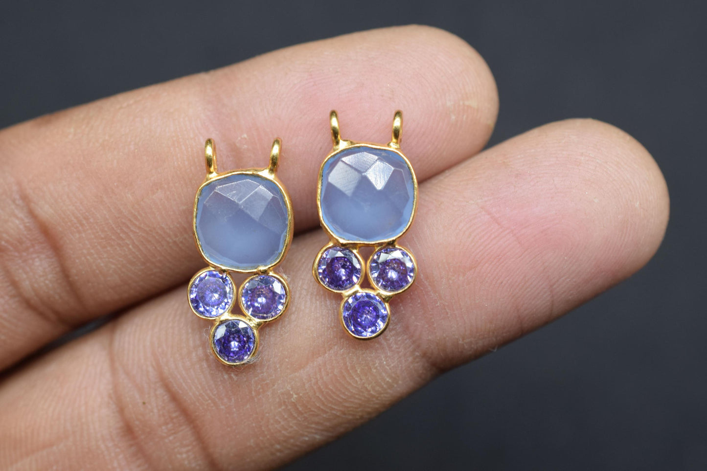 Blue Chalcedony 8mm Cushion shape Bezel charms,Blue Chalcedony Pendant,Gemstone connector,Chalcedony Jewelry,Cubic zirconia Bezel charm,p001