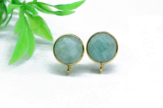 Amazonite 12mm Round Earring Connector,Gemstone Stud Ear Post,Earring Making Connector,Bezel frame Connector,Gemstone Bezel Connector,Studs
