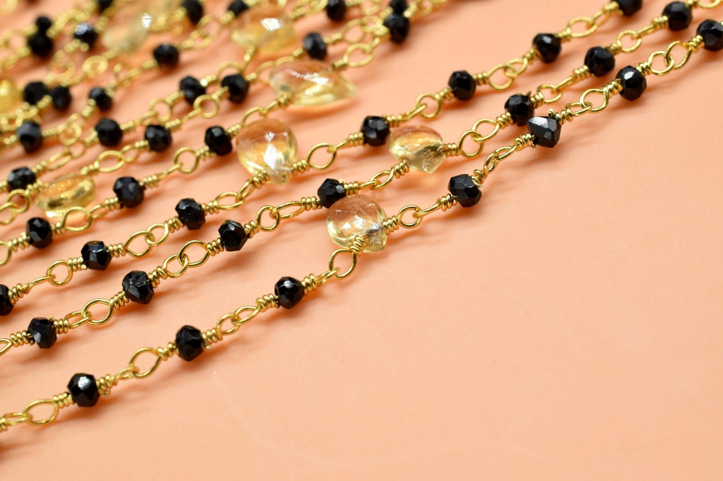 Black onyx Rosary Chain,Faceted Beaded Chain,Wire Wrapped gold Plated Chain,citrine briolette rosary,multi gemstone,handmade,jewelry making