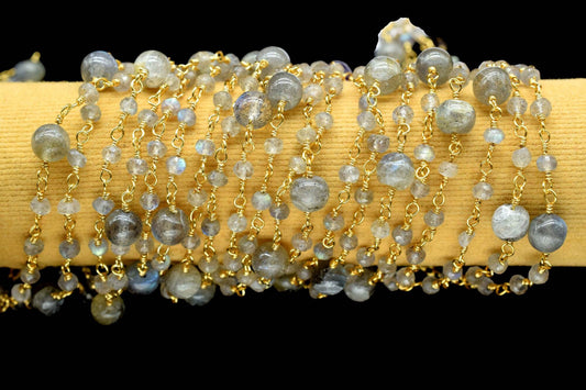 labradorite round balls Beaded rosary ,Labradorite rosary Chain,Sold By Foot,labradorite wire wrapped beaded chain,jewelery making,handmade