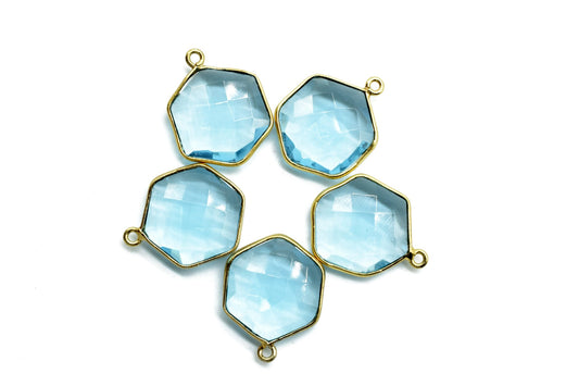Sky Topaz 16mm Hexagon Shape Pendant,Gold Plated Single Bail Gemstone Connector,Faceted Hexagon Shape Gemstone Bezel,Topaz Hexagon Charms