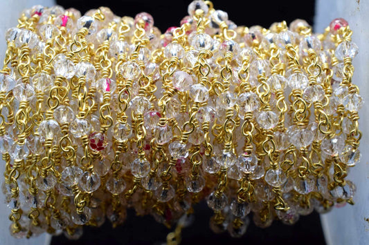 Crystal Quartz 3mm Beaded Chain,Rosary,Crystal Quartz Wire Wrap Chain,Crystal Quartz Brass chain Jewelry Making Chain,Crystal Quartz Rosary
