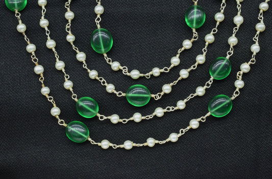 Emerald Quartz Oval Shape Rosary Chain,Pearl Beaded Rosary Chain,Finding Wire Wrap Necklace Chain,Pearl Rosary Chain,Jewelry Making Gift For