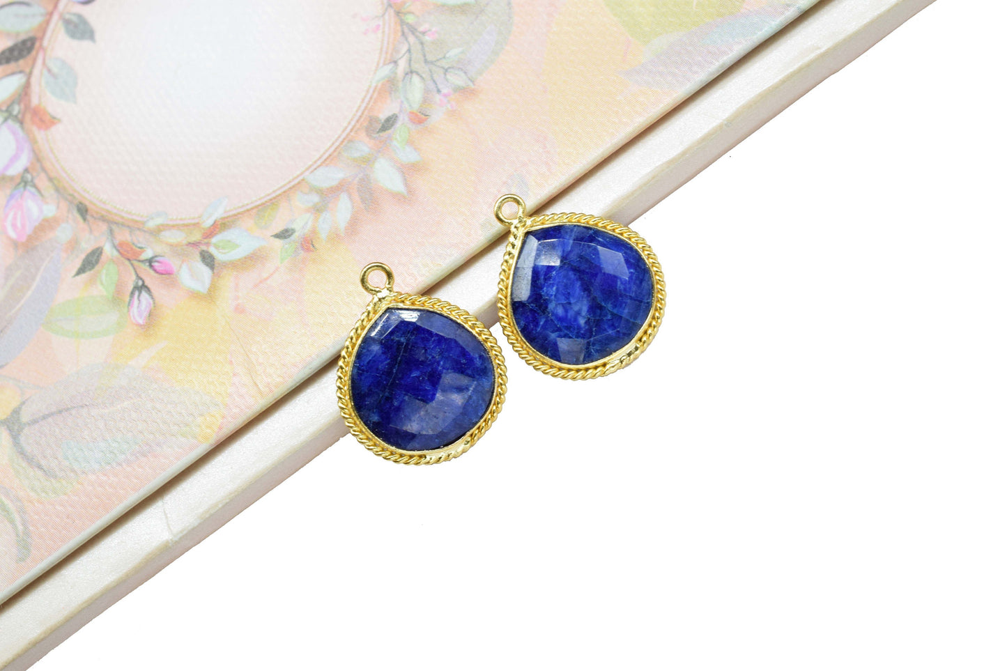Blue Sapphire Charms 14mm Heart Shape Pendant,Sapphire Bezel Connector Gold Plated Jewelry,Sapphire Single Bail Connector,Sapphire Connector