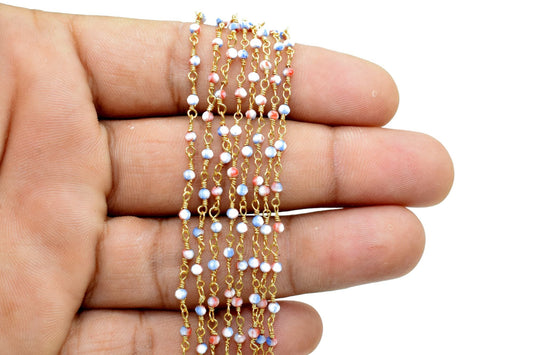 Blue Opal Rosary chain,Blue Opal beaded chain,Gemstone beaded chain,2mm beaded chain,Gold plated beaded chain,Opal rosary, beaded chain roll