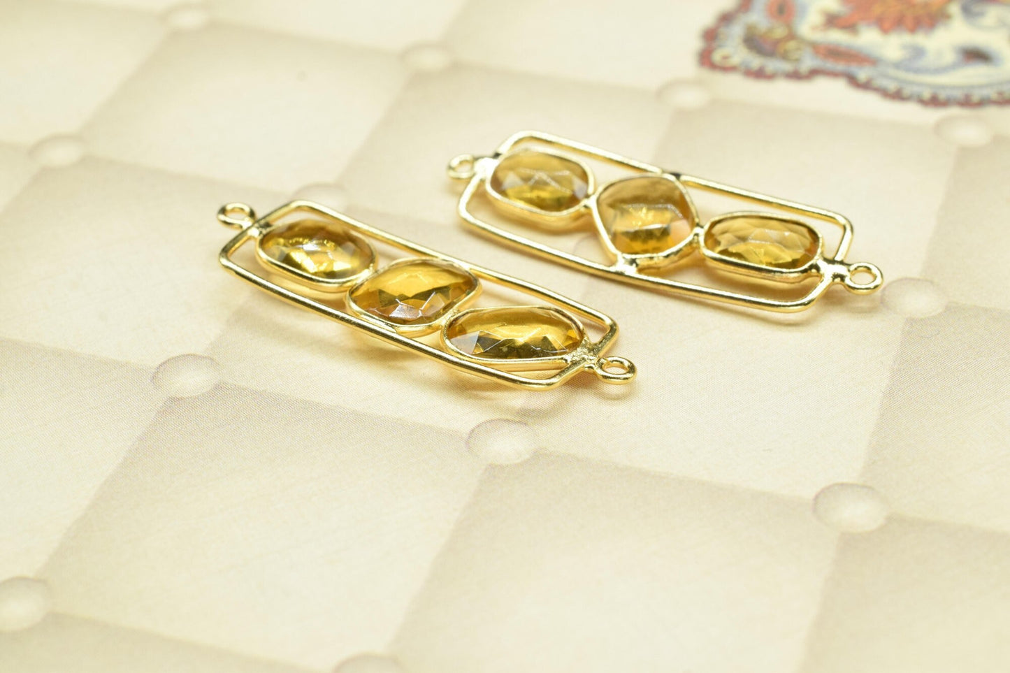 Citrine Quartz Gemstone Dangle Earring Component,Findings 14X38mm Necklace Jewelry Connectors,Citrine Finding Gold Plating Double Bail Charm