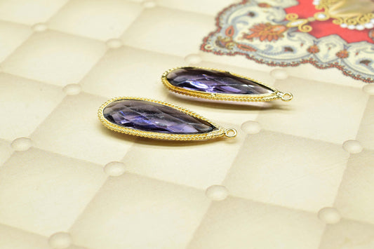 Amethyst Quartz Gemstone 10x30mm Teardrop Shape single bail connector,Amethyst charms Pendant Jewelry,Amethyst Gold Plating connectors,Gift