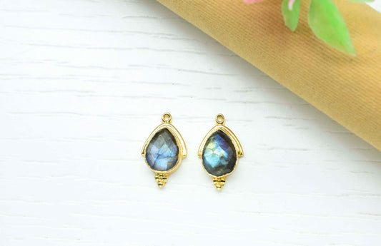 Natural Labradorite Faceted 9x13mm Pear Shape Connectors,Labradorite Charms Jewelry Making,Labradorite Gold Plating Pendant Jewelry,Gift