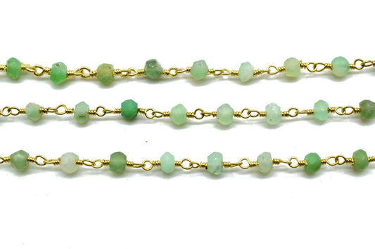 Chrysoprase 3mm Beaded Chain,Gemstone Gold Plated Wire Wrapped Rosary Chain In Brass, beaded Rosary Chains, Handmade Jewelry Making Chains