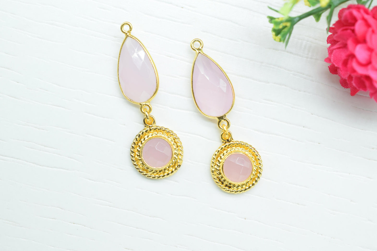 Rose Quartz Bezel Charm /Multi Stone Pendant/Multi Stone Pendant/Station Bezel Link/Handmade Pendant/Rose Quartz Connector/B'day Gift