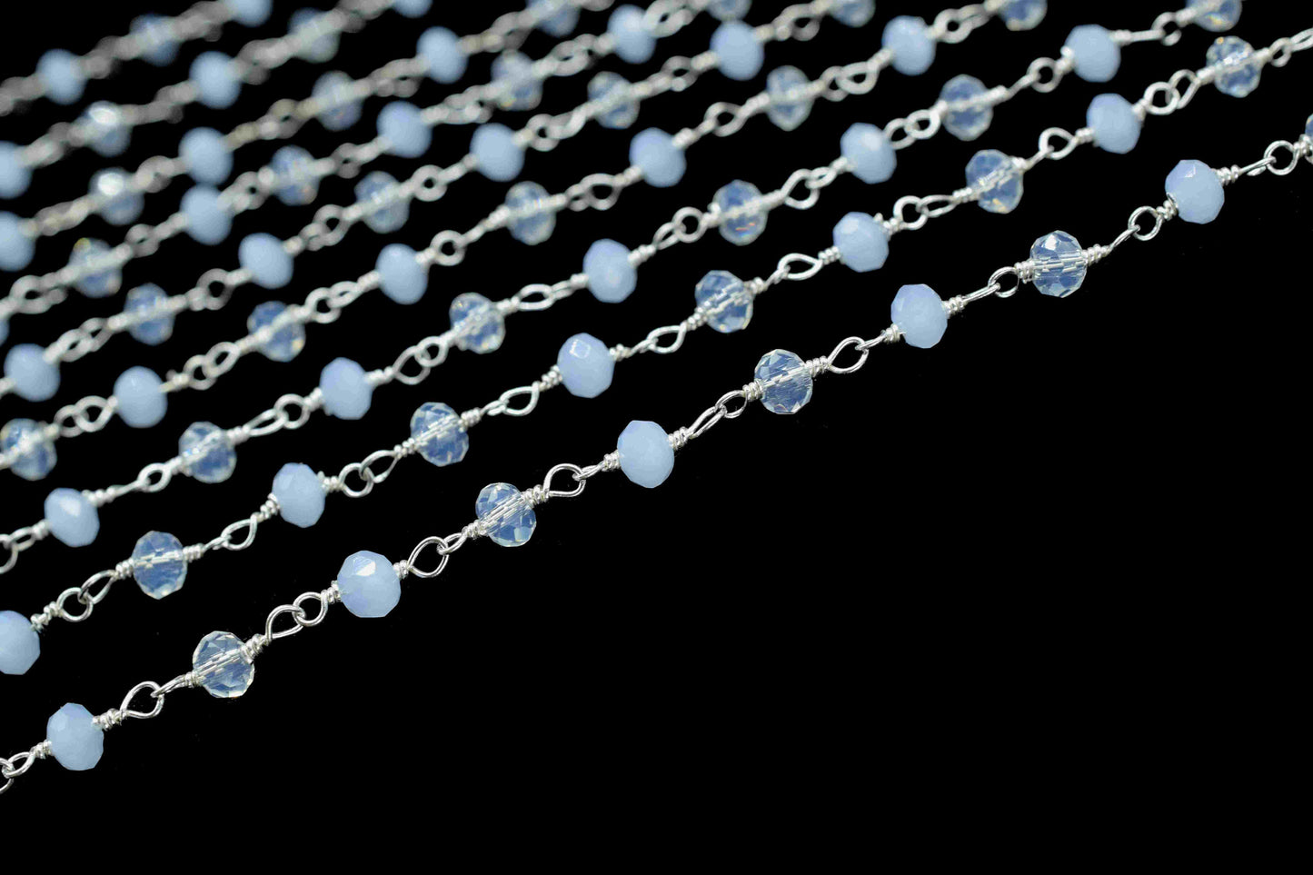 Blue chalcedony 3mm Beaded Chain,Faceted Rosary Style Beaded Chain,Wire Wrapped Rosary Chain,Blue Quartz stone links,Handmade Jewelry Making