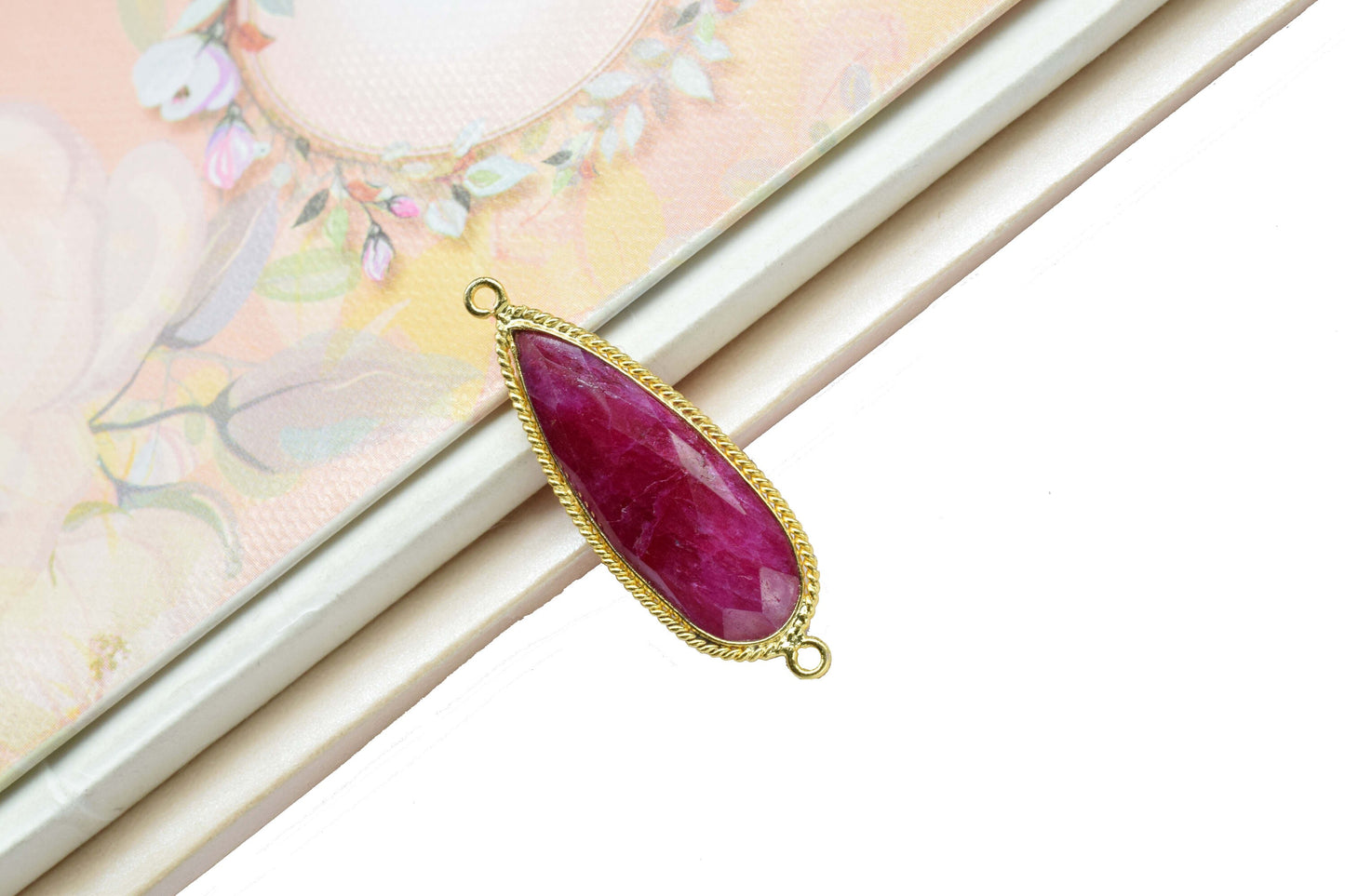 Ruby Gemstone 10x30mm Teardrop Shape Connector,Ruby Handmade Connector Jewelry,Ruby Double Bail Jewelry,Ruby Gold Plating Charms Connectors