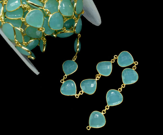 Aqua Chalcedony Heart Shape Connector Chain,12mm Heart Shape Chalcedony Bezel Connector Chain,Aqua Chalcedony FacetedGemstone,Gemstone Bezel