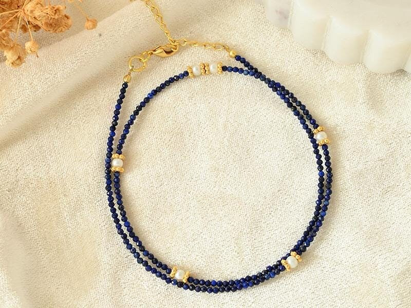 Natural lapis necklace, Dainty lapis lazuli beaded choker,September birthstone gift, Layering blue gemstone necklace,Tiny lapis choker,boho
