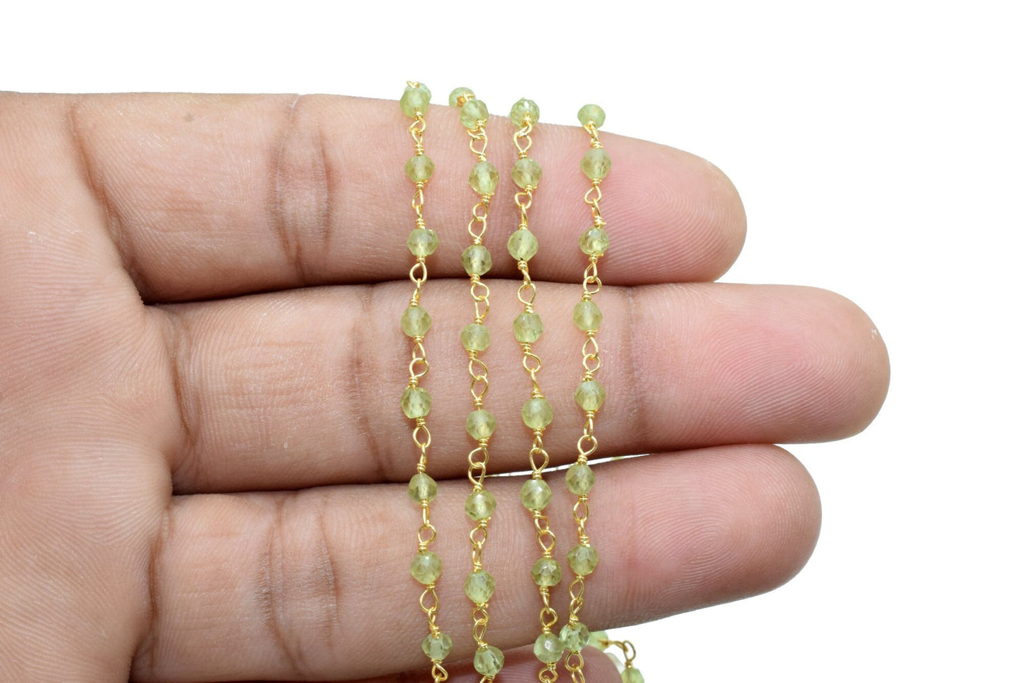 Peridot 3mm Beaded Chain,Faceted Peridot Rosary Style Beaded Chain, Premier quality Non Tarnish Chain in Gold,Beaded Chain -Chain PER FOOT