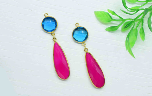 Multi Gemstone Dangle pendant Charms,Pink Chalcedony pendant Connectors,Dangle Earring,Handmade pendant,Station Bezel Link,Component jewelry