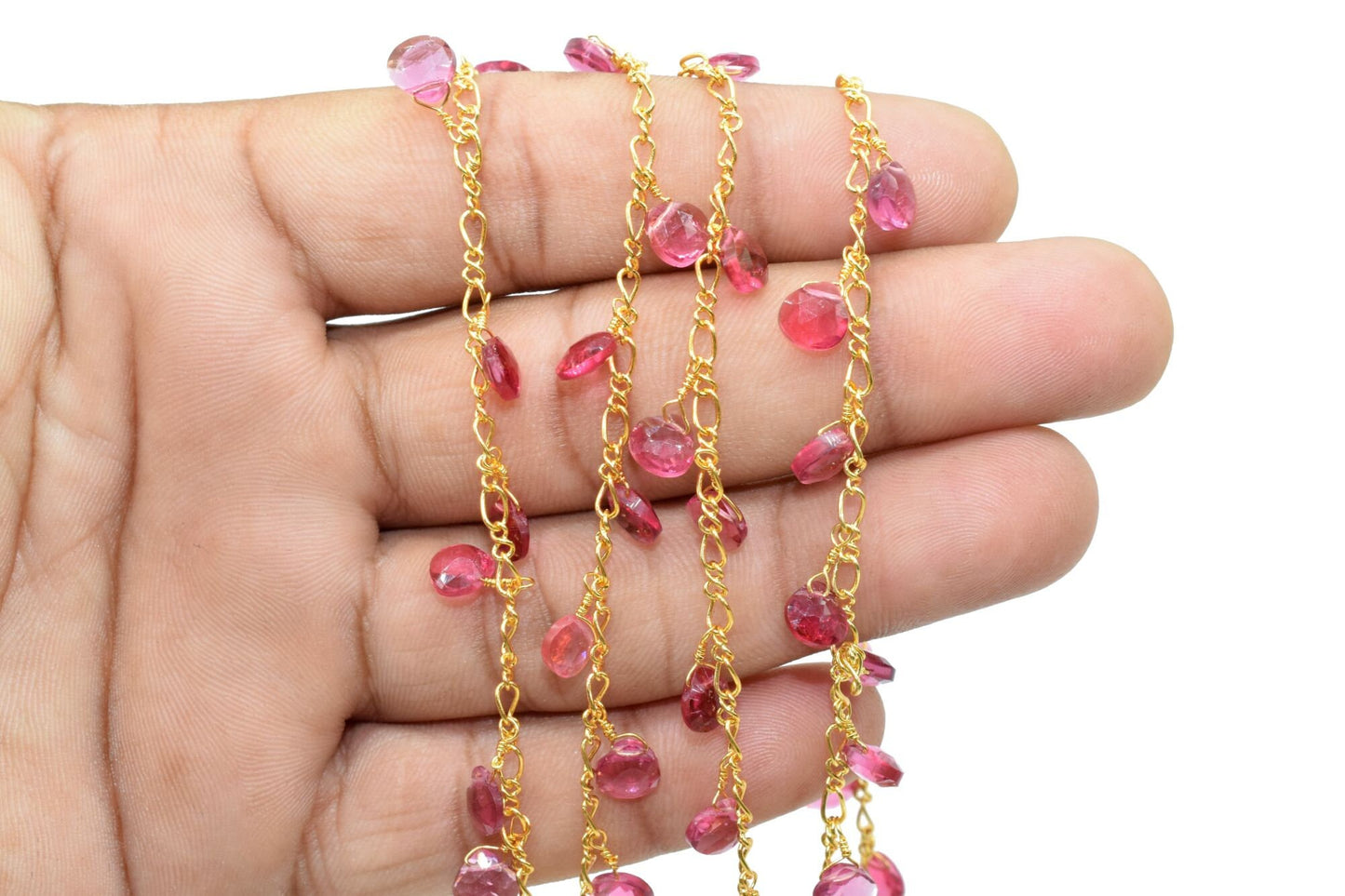 Pink Tourmaline 6mm Heart shape Briolette Chain,Beaded Wire Wrapped Fuchsia Diamond Cut Gemstone Bead,Faceted Rosary Chain,Gems Rosary Style