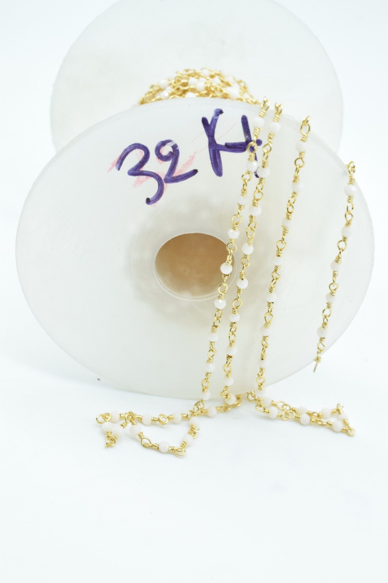 2mm White Chalcedony Rosary chain,Gold chain,Gemstone beaded chain,2mm beaded chain,Gold plated beaded chain,chalcedony rosary,beaded chain