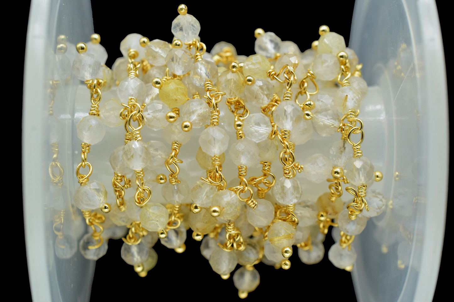 Gold Rutile beaded Chain,Gemstone Rosary Chain,Wire Wrapped Necklace Chain,Gold Rutile Cluster Rosary Chain,Finding Handmade Jewelry Gift