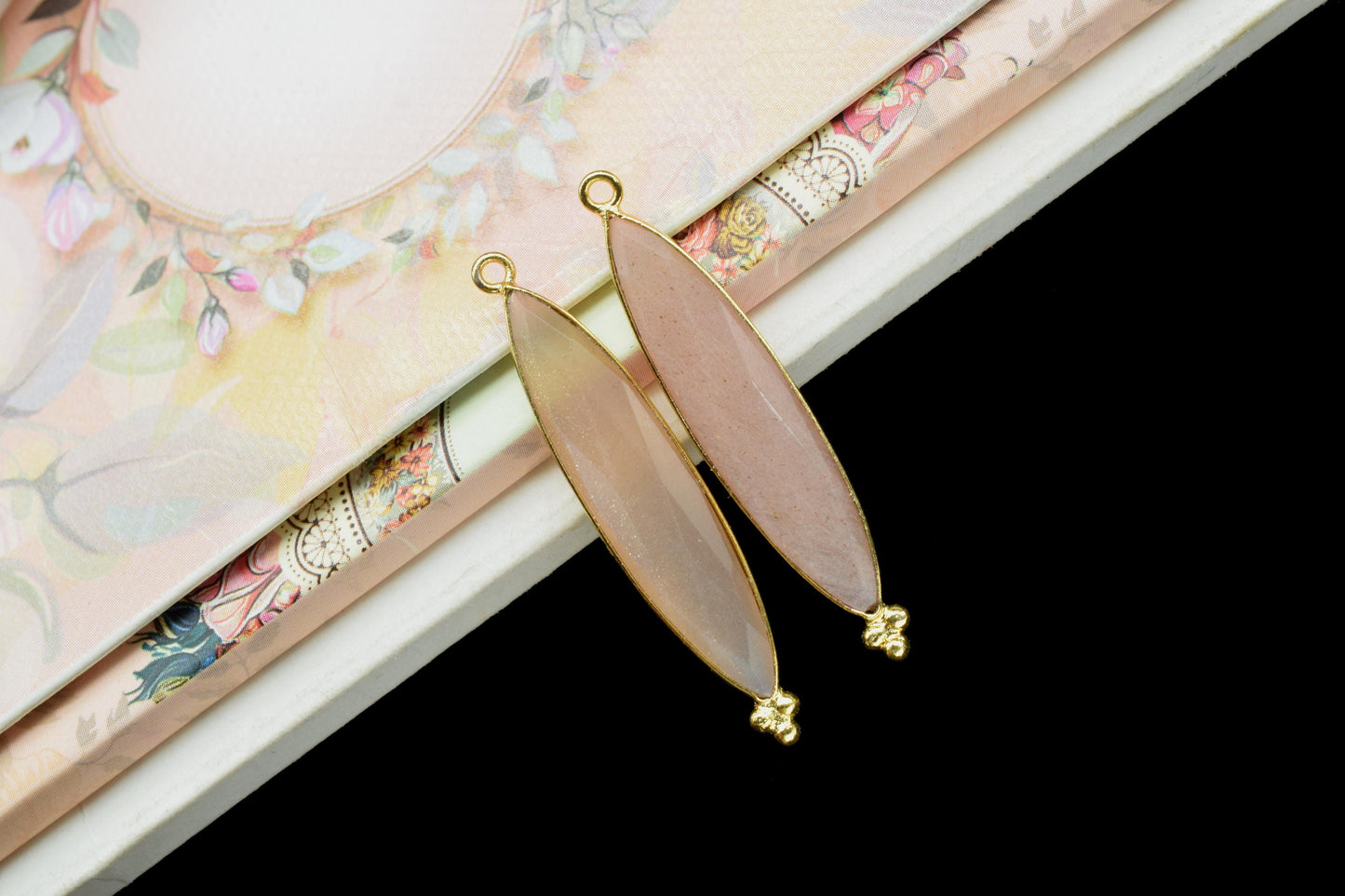 Peach Moonstone 7x34mm Marquise Shape Pendants,Peach, Moonstone Gemstone Charms Pendant,Peach Gemstone Gold Plating Single Bail Jewelry,Gift
