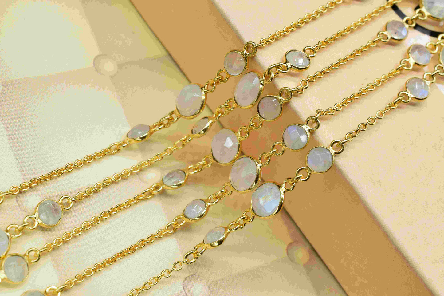 Rainbow Moonstone Bezel Chain Connector, Gold Plated Gemstone Chain, Bracelet Chain,Round Bezel Beads Rosary Chain,Rainbow Jewelry Connector