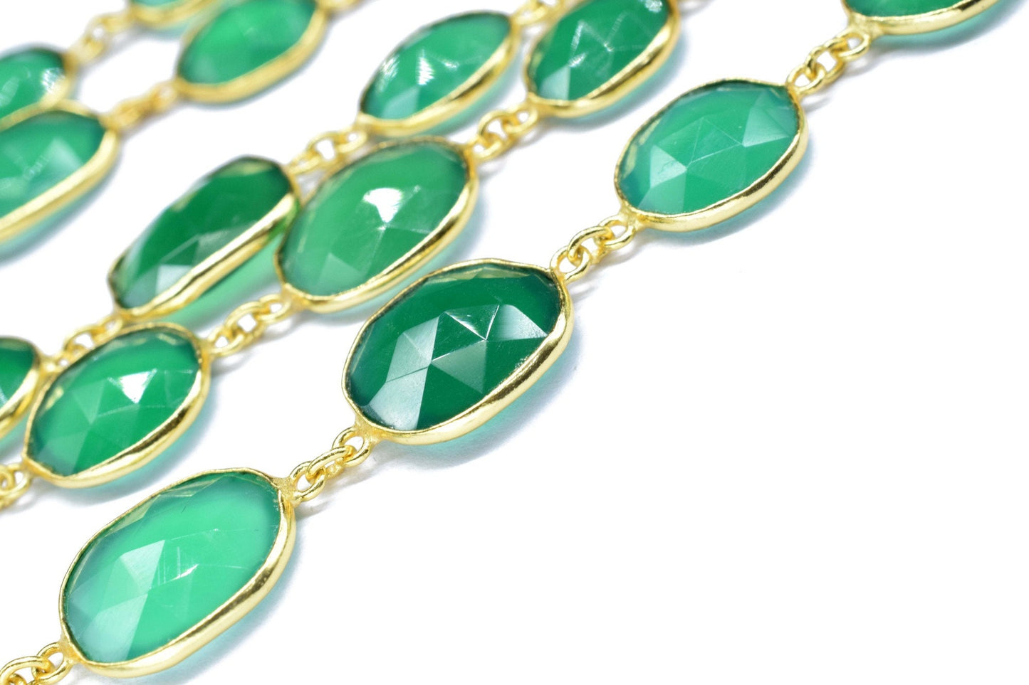 Green onyx Faceted Connectors,Gold Bezel Chain,Free Size Gemstone Connector,Handmade Station Bezel Link Chain,Green onyx Bezel Jewelry,Gift
