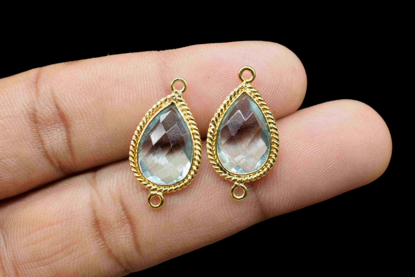 Sky Topaz 9x13mm Pear Shape Double Bail Connectors,Sky Topaz Pear Shape Charms,Sky Topaz Gold Plated Bezels,Jewelry Making Charms,Sky Topaz